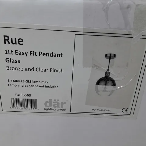 BOXED DAR LIGHTING RUE 1-LAMP EASY FIT PENDANT LIGHT - BRONZE AND CLEAR FINISH