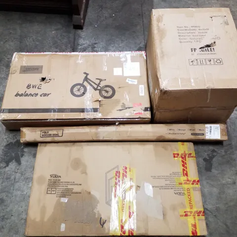 PALLET OF ASSORTED PRODUCTS INCLUDING BALANCE BIKE, BEDSIDE TABLE, FOLD SOCCER GOAL, TOWEL DRYING RACK
