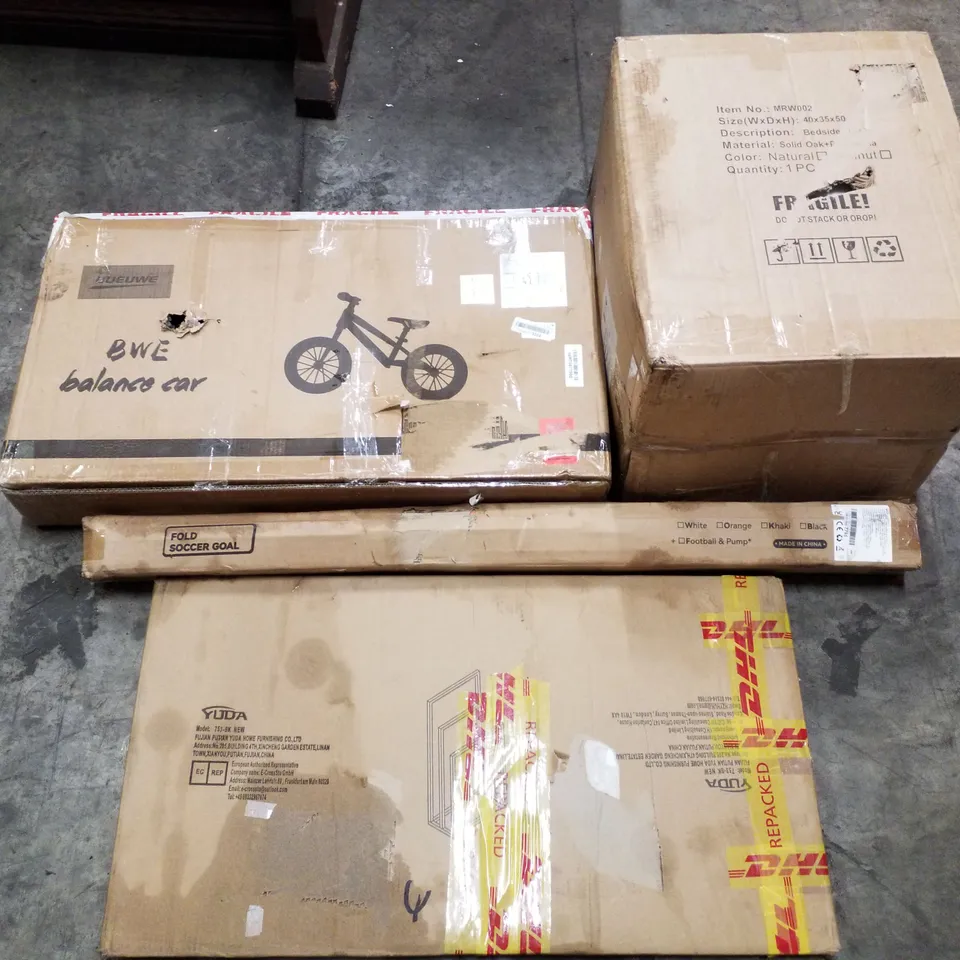 PALLET OF ASSORTED PRODUCTS INCLUDING BALANCE BIKE, BEDSIDE TABLE, FOLD SOCCER GOAL, TOWEL DRYING RACK