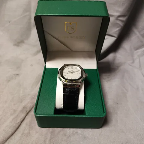 MENS FRANK SCHMIDT WATCH – TEXTURED DIAL WITH DATE – LEATHER STRAP- MODEL: FSL AMBASSADOR – 3ATM WATER RESISTANT - WHITE