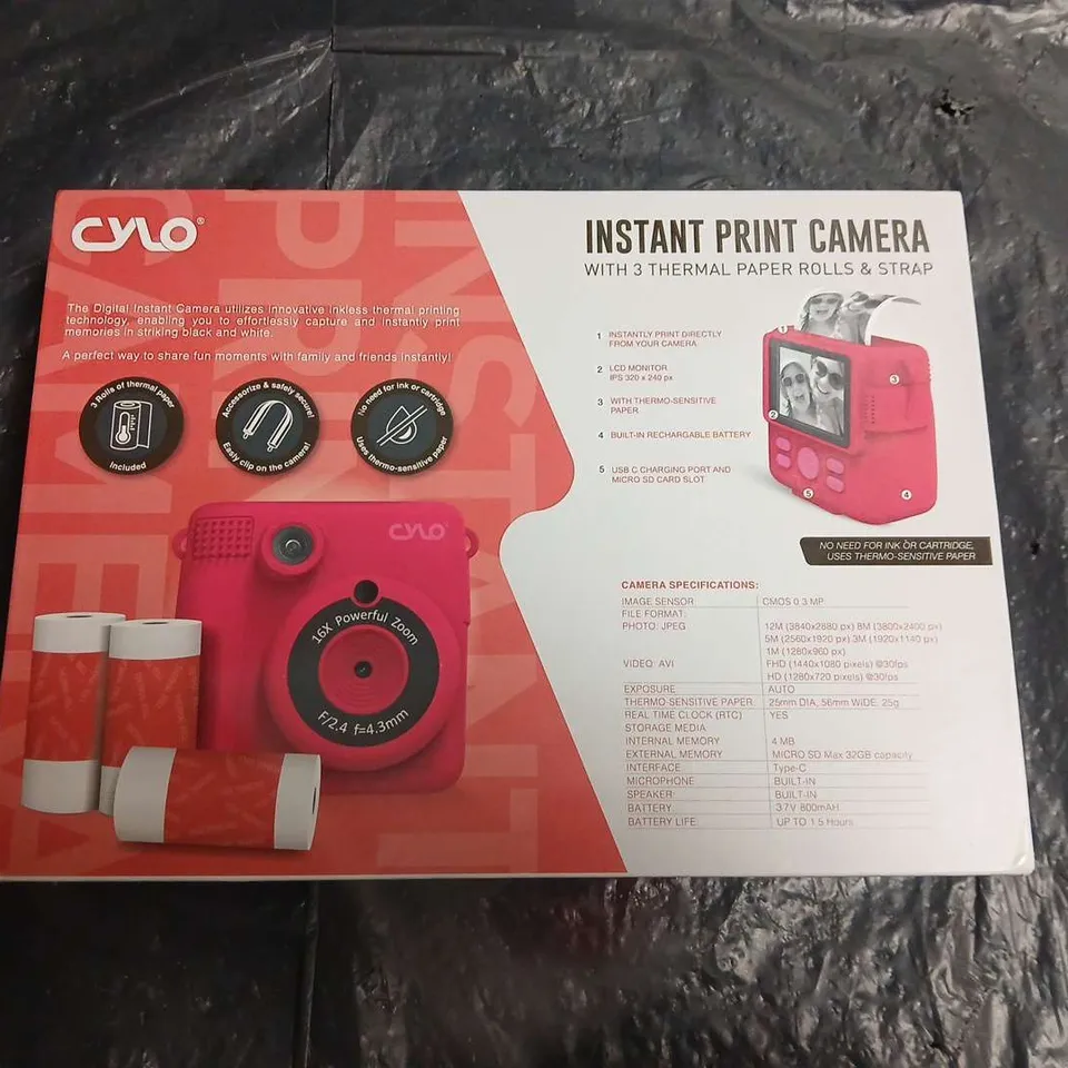 CYLO INSTANT PRINT CAMERA – PINK, BOXED WITH 3 THERMAL PAPER ROLLS & STRAP
