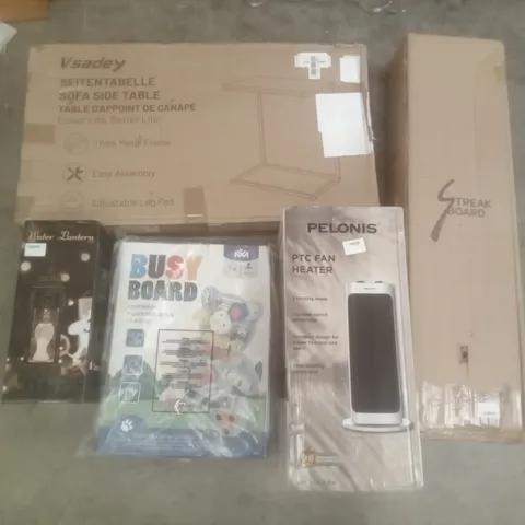 PALLET OF ASSORTED ITEMS INCLUDING BUSY BOARD, PELONIS PTC FAN HEATER, WATER LANTERN, SOFA SIDE TABLE, 3D COLOURING PUZZLE