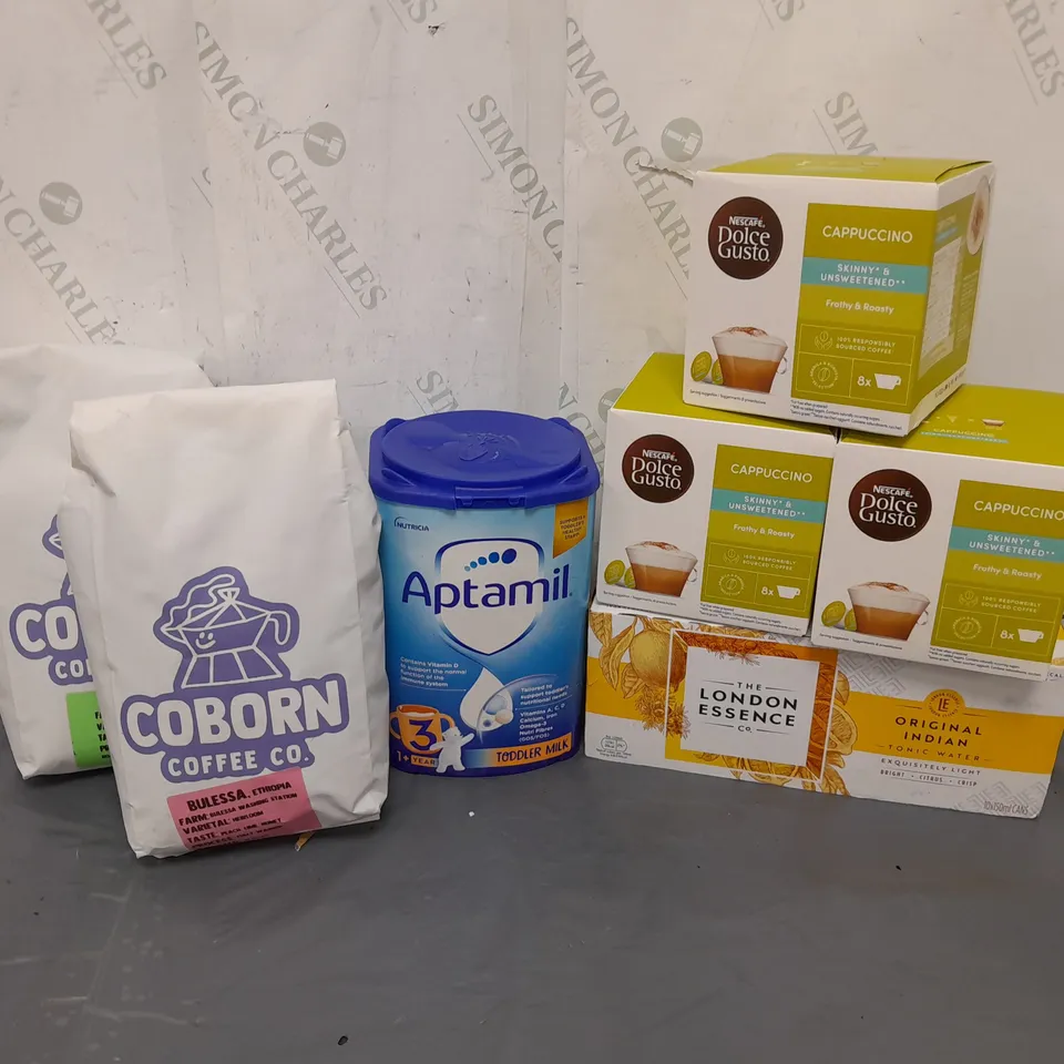 APPROXIMATELY 5 ASSORTED DRINK TO INCLUDE COBORN COFFEE & CO BULESSA, NESCAFE DOLCE GUSTO CAPSULES, THE LONDON ESSENCE TONIC WATER, APTAMIL TODDLER MILK  