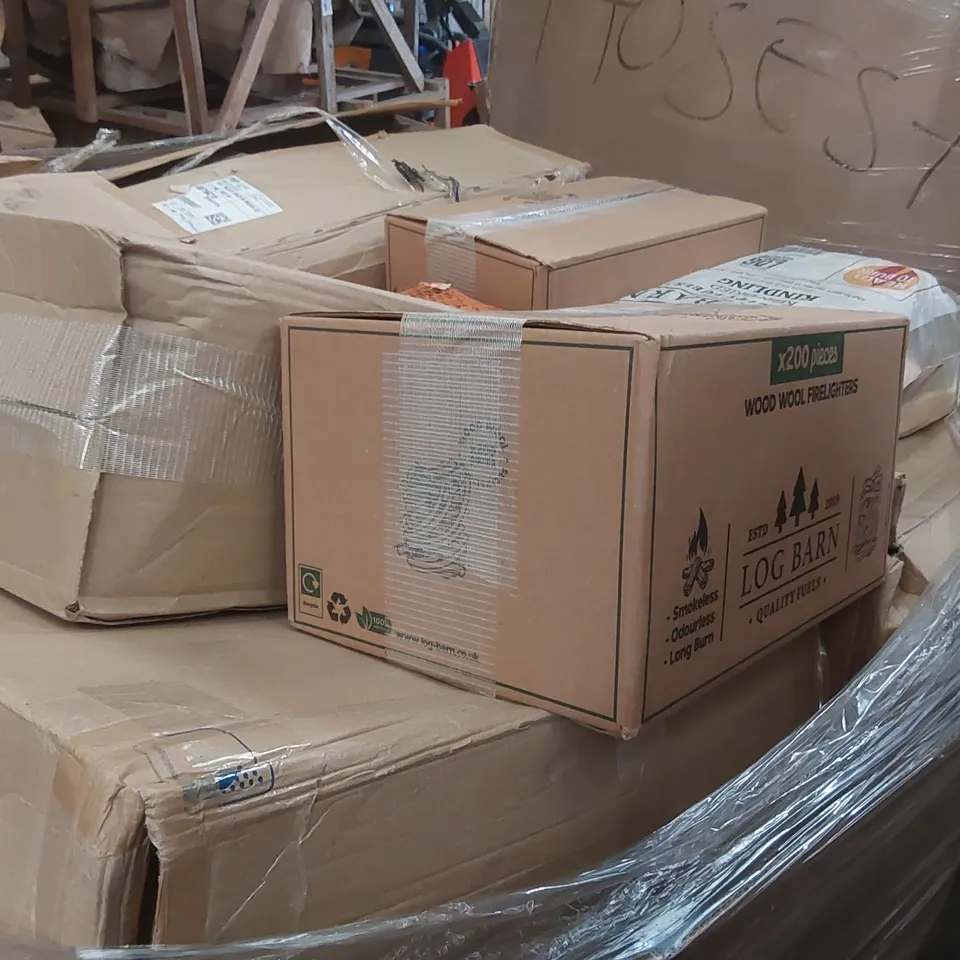 PALLET CONTAINING A LARGE ASSORTMENT OF FIRE WOOD, KINDLING, FIRELIGHTERS ECT