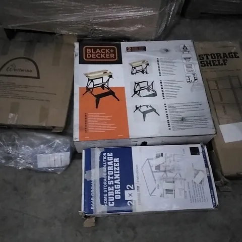PALLET OF ASSORTED ITEMS INCLUDING BLACK+ DECKER DUAL HEIGHT WORKBENCH, STORAGE SHELF, WOLFWISE BEACH TENT, BAAB ORGANISING CUBE STORAGE ORGANISER, KIDS SCOOTER, SUNLN SQUARE CHAIR
