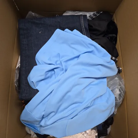 LARGE BOX OF ASSORTED CLOTHING ITEMS IN VARIOUS SIZES, STYLES AND COLOUR 