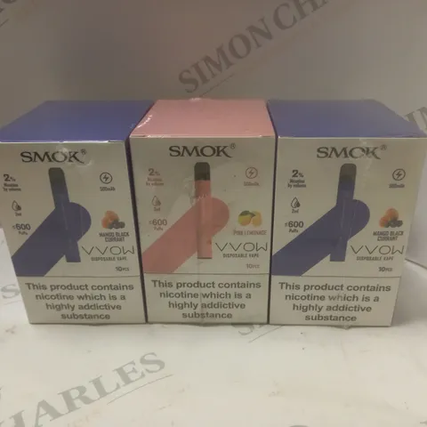 3 BOXED & SEALED (10 DISPOSABLES PER BOX) SMOK DISPOSABLE VAPES - MANGO BLACKCURRANT & PINK LEMONADE