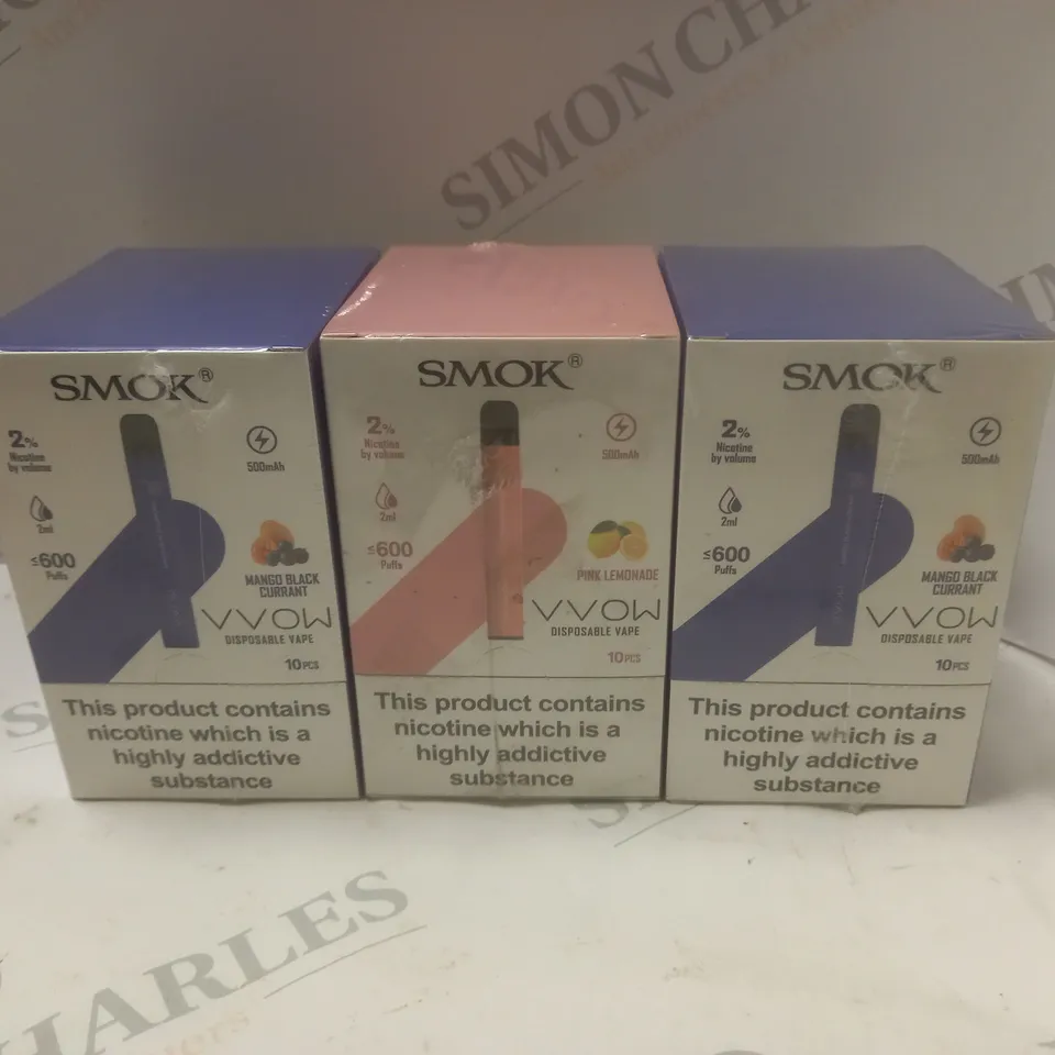 3 BOXED & SEALED (10 DISPOSABLES PER BOX) SMOK DISPOSABLE VAPES - MANGO BLACKCURRANT & PINK LEMONADE 	