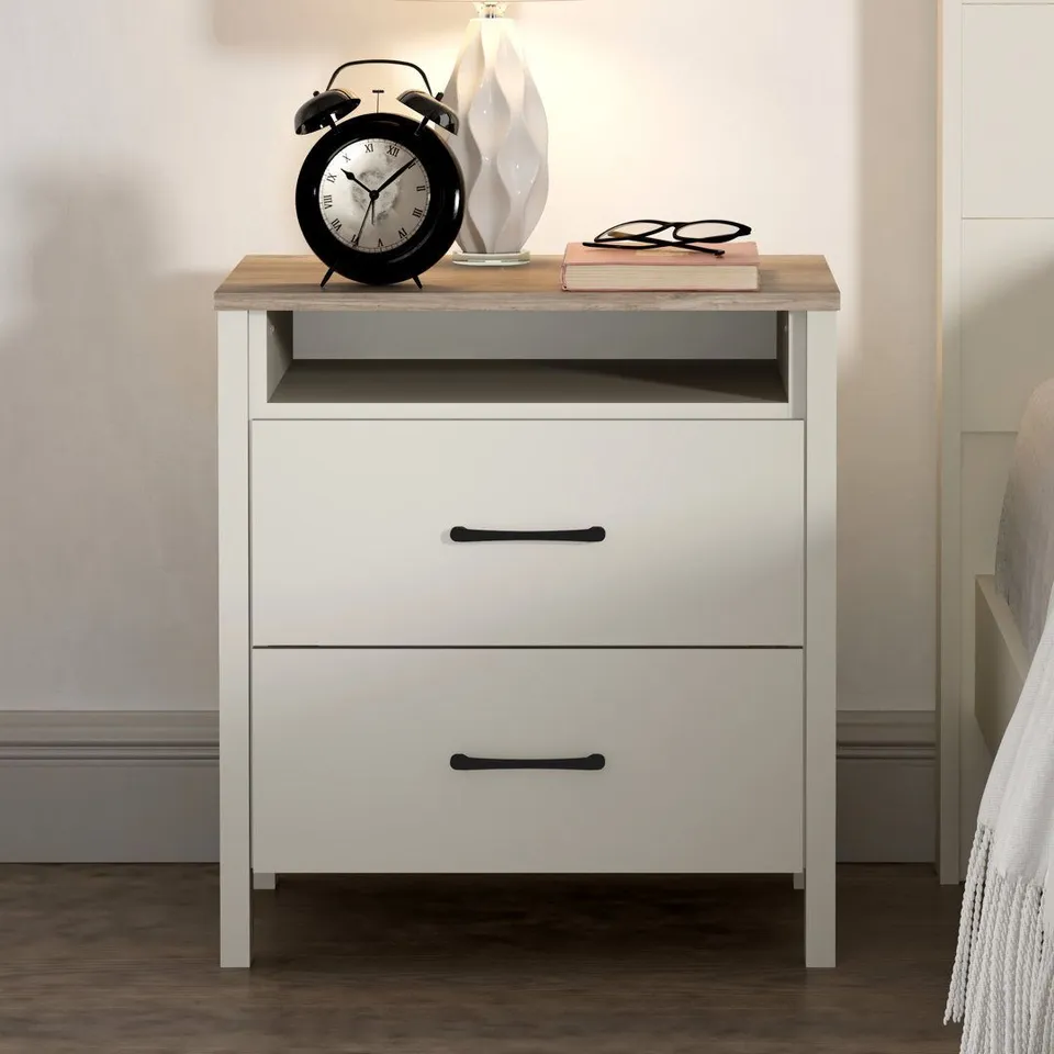 BOXED GIANNI 2 DRAWER BEDSIDE TABLE - DUSTY GREY OAK (1 BOX)