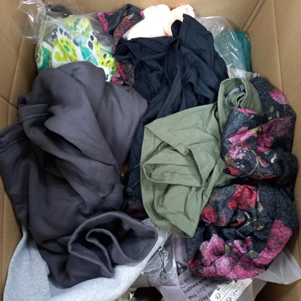 LARGE BOX OF ASSORTED CLOTHING ITEMS IN VARIOUS COLOURS AND SIZES INCLUDING TROUSERS , TOPS AND JUMPERS 