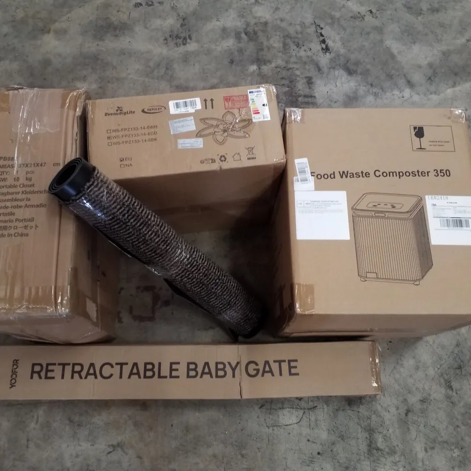 PALLET CONTAINING ASSORTED PRODUCTS INCLUDING PORTABLE CLOSET, RETRACTABLE BABY GATE, FOOD WASTE COMPOSTER 350, CEILING LIGHT & FLOOR MAT