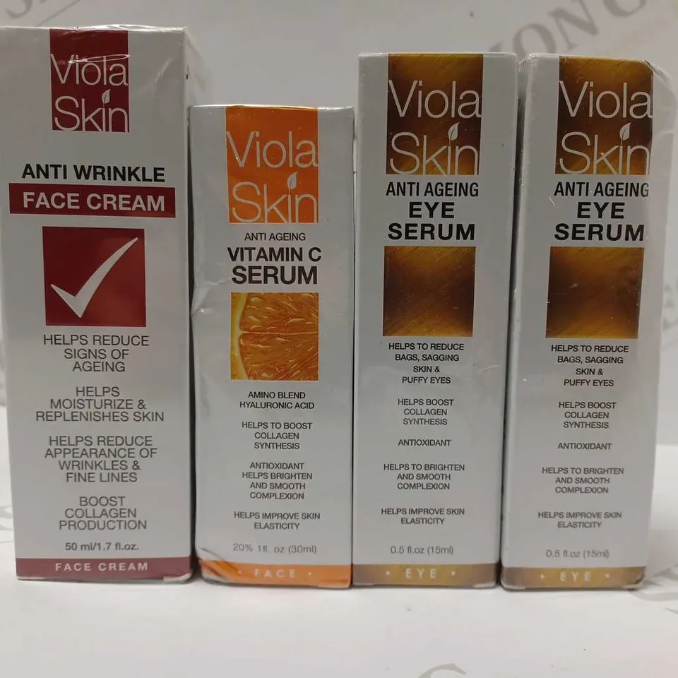 LOT OF 4 ASSORTED VIOLA SKIN PRODUCTS TO INCLUDE FACE CREAM, VITAMIN C SERUM, 2 X EYE SERUM 