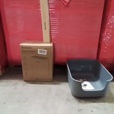 PALLET OF ASSORTED HOUSEHOLD GOODS AND PRODUCTS TO INCLUDE;SMART AIR PURIFIER,CAT LITTER TRAY,MONOPOD