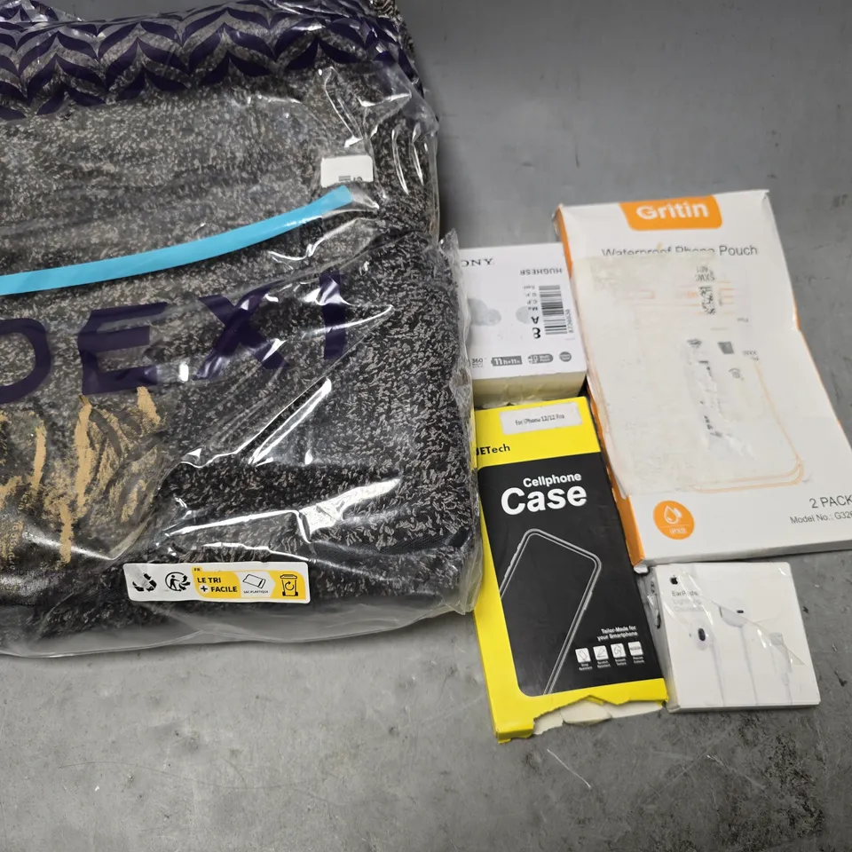 BOX OF APPROXIMATELY 20 ASSORTED BROKEN ITEMS TO INCLUDE - GRITIN WATERPROOF PHONE POUCH , JETECH CELLPHONE CASE , SONY EARBUDS ETC