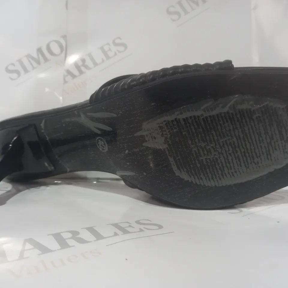BOXED PAIR OF DESIGNER OPEN SQUARE TOE HEELED SANDALS IN BLACK EU SIZE 42