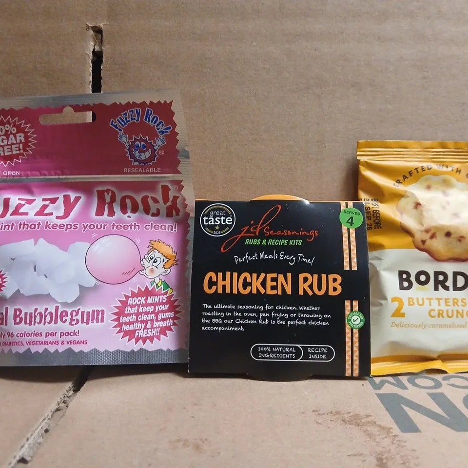 APPROXIMATELY 10 ASSORTED FOOD AND DRINK ITEMS TO INCLUDE CHICKEN RUB, FUZZY ROCK, ETC