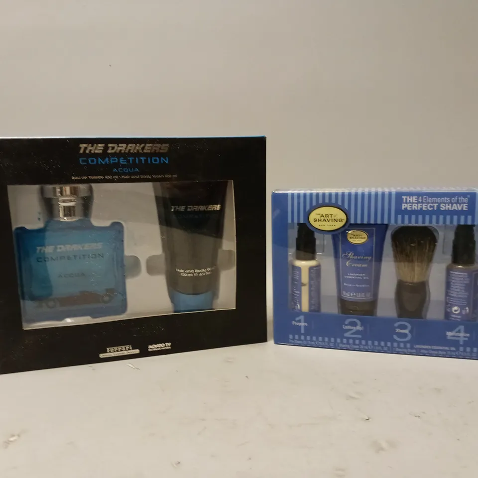 4 BOXED GIFT SETS TO INCLUDE MONDO TV FERRARI THE DRAKERS COMPETITION ACQUA EAU DE TOILETTE, THE ART OF SHAVING THE 4-ELEMENTS OF THE PERFECT SHAVE, THE BODY SHOP SHEA DUO