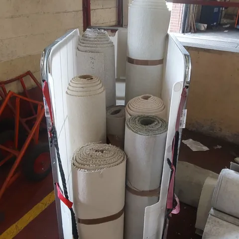 CAGE CONTAINING APPROXIMATELY 7 ASSORTED SMALL CARTPETS/CARPET CUT-OFFS // CAGE NOT INCLUDED 