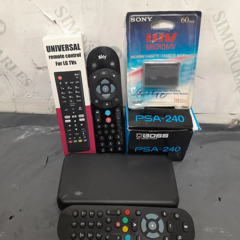 APPROXIMATELY 12 ASSORTED HOUSEHOLD ITEMS TO INCLUDE TV REMOTES, SONY CASSETTE, TV BOX, ETC