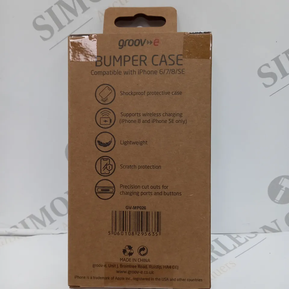 APPROXIMATELY 100 BRAND NEW BOXED AND SEALED GROOV-E TPU EDGE WHITE BUMPER CASE GV-MP026 COMPATIBLE WITH IPHONE 6/7/8/SE INCLUDES SHOCKPROOF PROTECTION, SCRATCH PROTECTION, WIRELESS CHARGING SUPPORT E