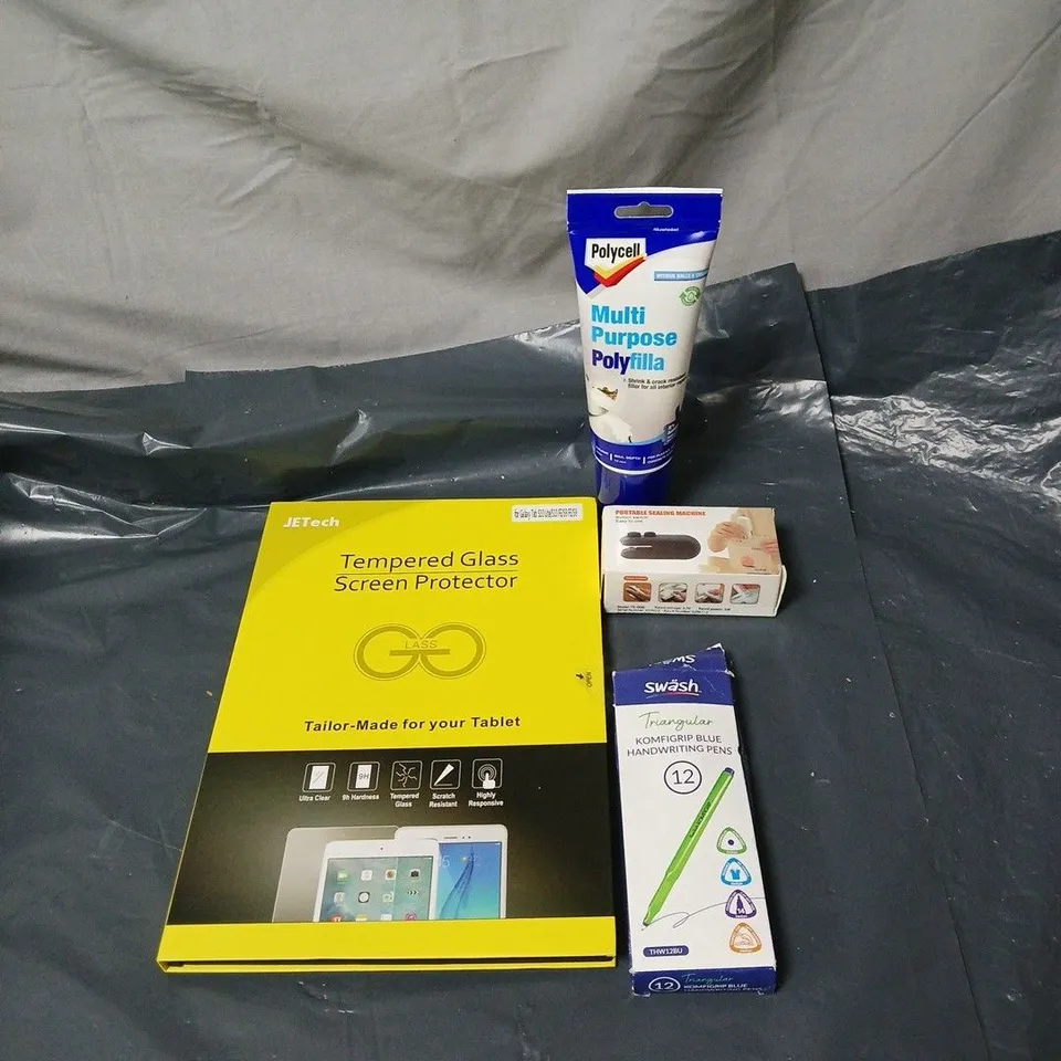 APPROXIMATELY 15 ASSORTED HOUSEHOLD ITEMS TO INCLUDE PENS, SCREEN PROTECTOR, PORTABLE SEWING MACHINE, POLYFILLA ETC