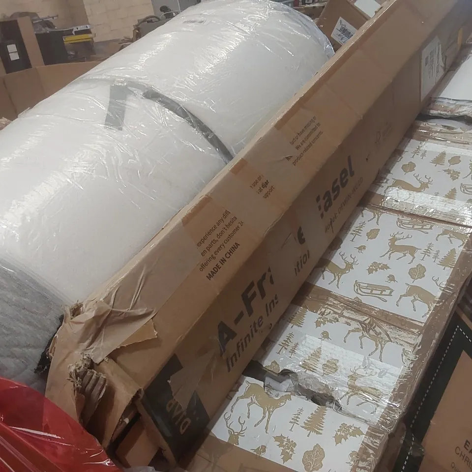 PALLET CONTAINING A LARGE QUANTITY OF ASSORTED ITEMS INCLUDING: MATTRESS, ARTIFICIAL CHRISTMAS TREE, A-FRAME EASEL ECT