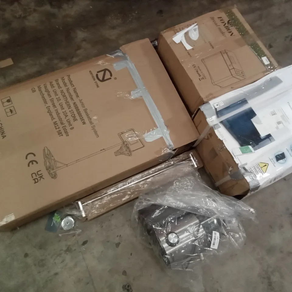 PALLET OF ASSORTED ITEMS INCLUDING EONBON BREAD MAKER, NORTHERN STONE JUNIOR BASKETBALL SYSTEM, INVENTOR DEHUMIDIFIER, AICOK JUICE EXTRACTOR, TOWEL RAIL
