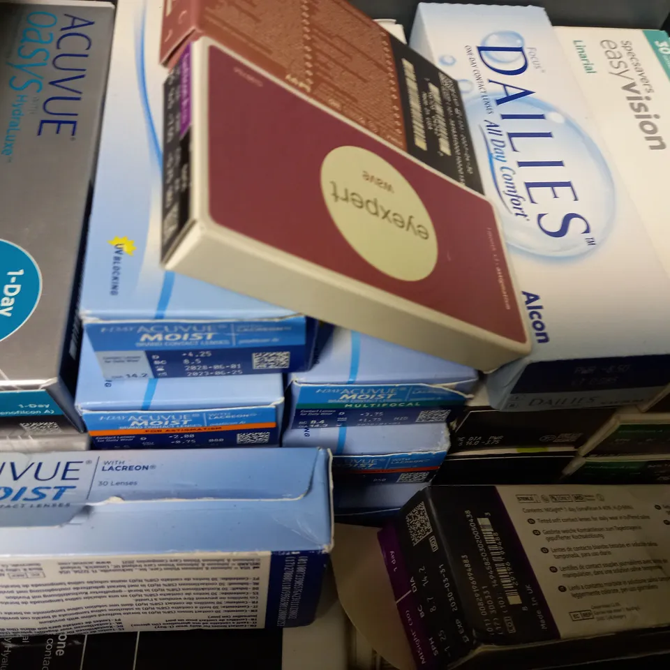 BOX OF APPROX 25 ASSORTED CONTACT LENSES AND CONTACT LENSE SOLUTIONS