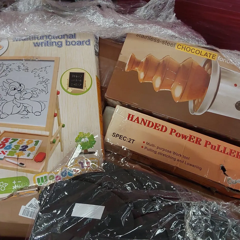 PALLET OF ASSORTED ITEMS INCLUDING: CHOCOLATE FONDUE, HANDED POWER PULLER, MULTIFUNCTIONAL WRITING BOARD ECT