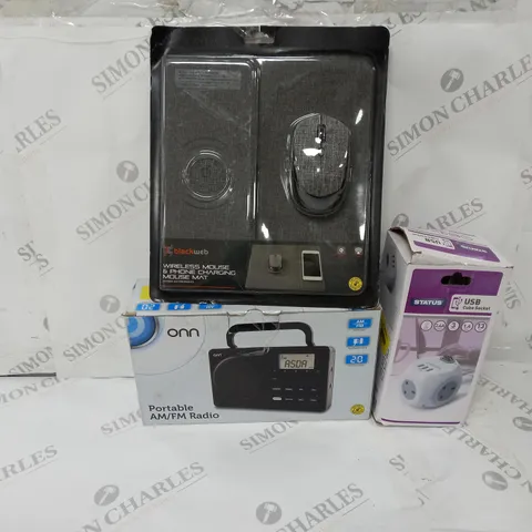 APPROXIMATELY 20 ASSORTED ITEMS TO INCLUDE BLACKWEB WIRELESS MOUSE AND PHONE CHARGING MAT, USB CUBE SOCKET, PORTABLE RADIO ETC.