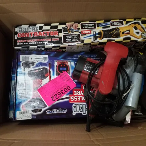 BOX CONTAINING ASSORTED SCRAP ITEMS INCLUDING 12V CORDLESS DIGITAL TYRE INFLATOR, RECIPROCATING SAW & 185MM CIRCULAR SAW