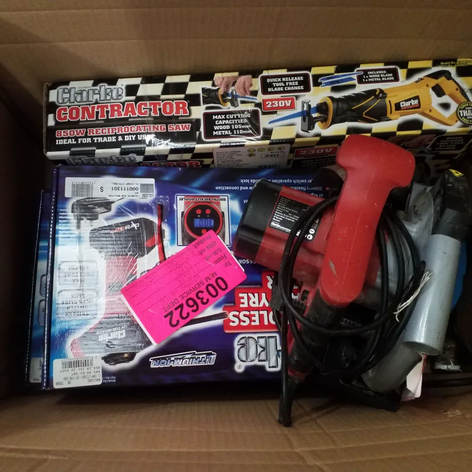 BOX CONTAINING ASSORTED SCRAP ITEMS INCLUDING 12V CORDLESS DIGITAL TYRE INFLATOR, RECIPROCATING SAW & 185MM CIRCULAR SAW 