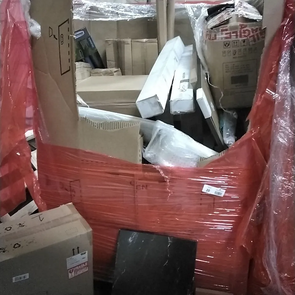 PALLET OF ASSORTED ITEMS TO INCLUDE: DEPULEYFAN LIGHT, WALL ART, TOILET SEATS, LITTER PICKER ETC