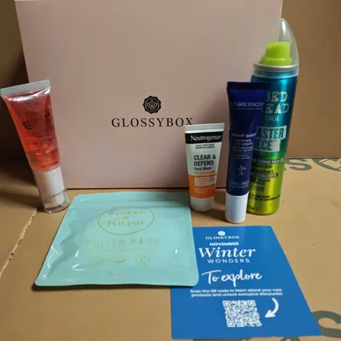 GLOSSYBOX 5-PIECE COSMETIC SET TO INCLUDE HAIRSPRAY,POLISH PADS AND RENEWAL EYE SERUM