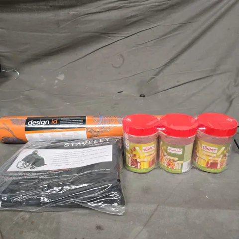 BOX OF APPROXIMATELY 15 ASSORTED HOUSEHOLD ITEMS TO INCLUDE SUNPET FOOD STORAGE POTS, WALLPAPER AND A WHEELCHAIR CAPE