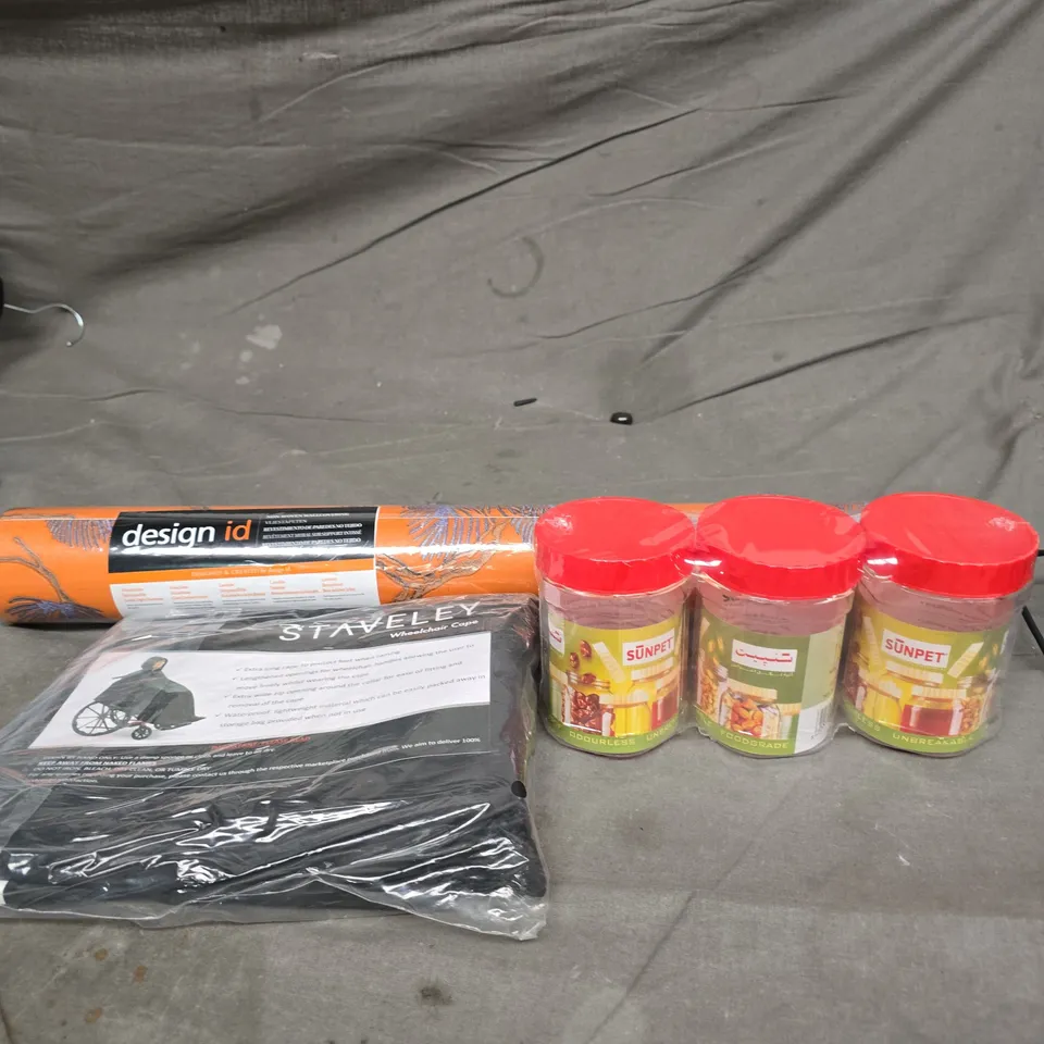 BOX OF APPROXIMATELY 15 ASSORTED HOUSEHOLD ITEMS TO INCLUDE SUNPET FOOD STORAGE POTS, WALLPAPER AND A WHEELCHAIR CAPE