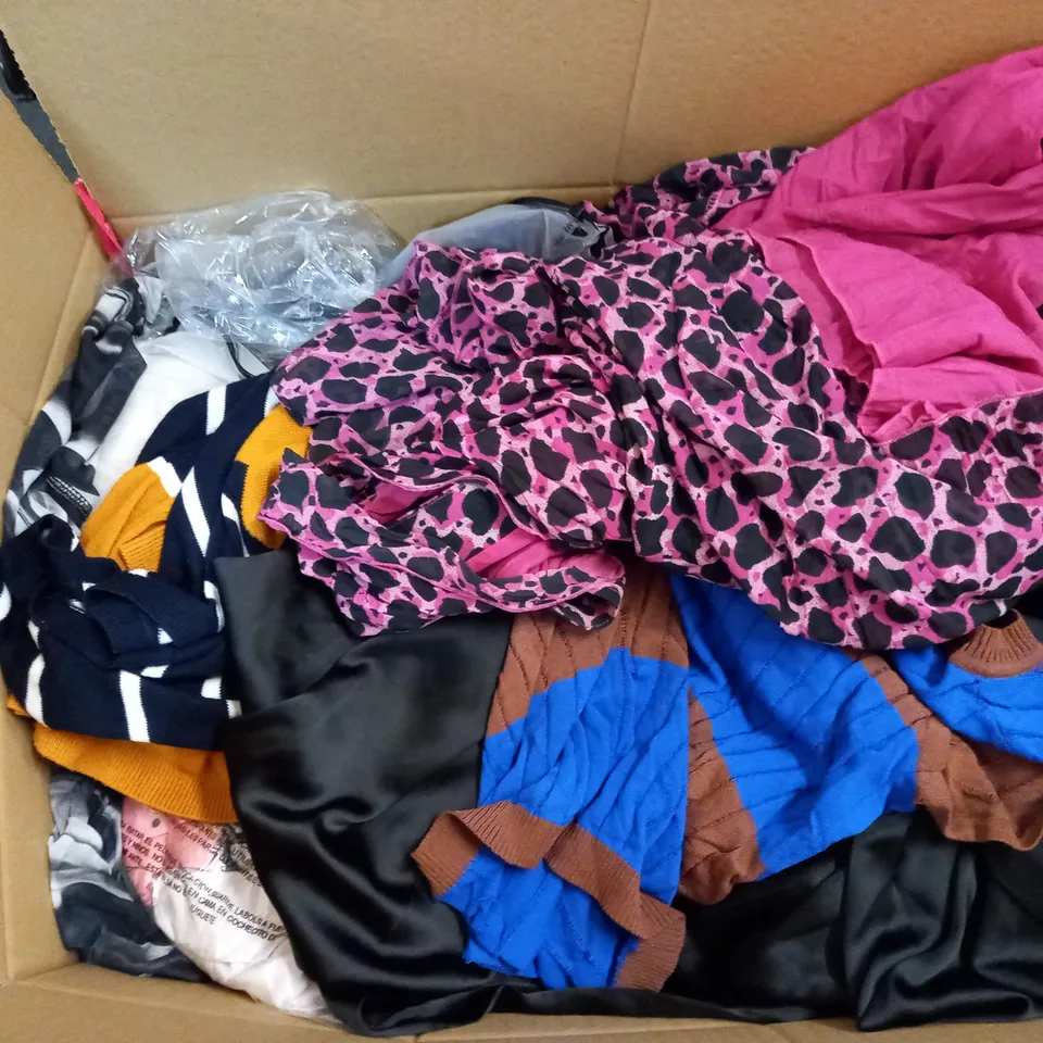 BOX OF ASSORTED CLOTHING ITEMS TOO INCLUDE DRESSES , SHIRTS AND TROUSERS IN VARIOUS SIZES AND COLOURS   