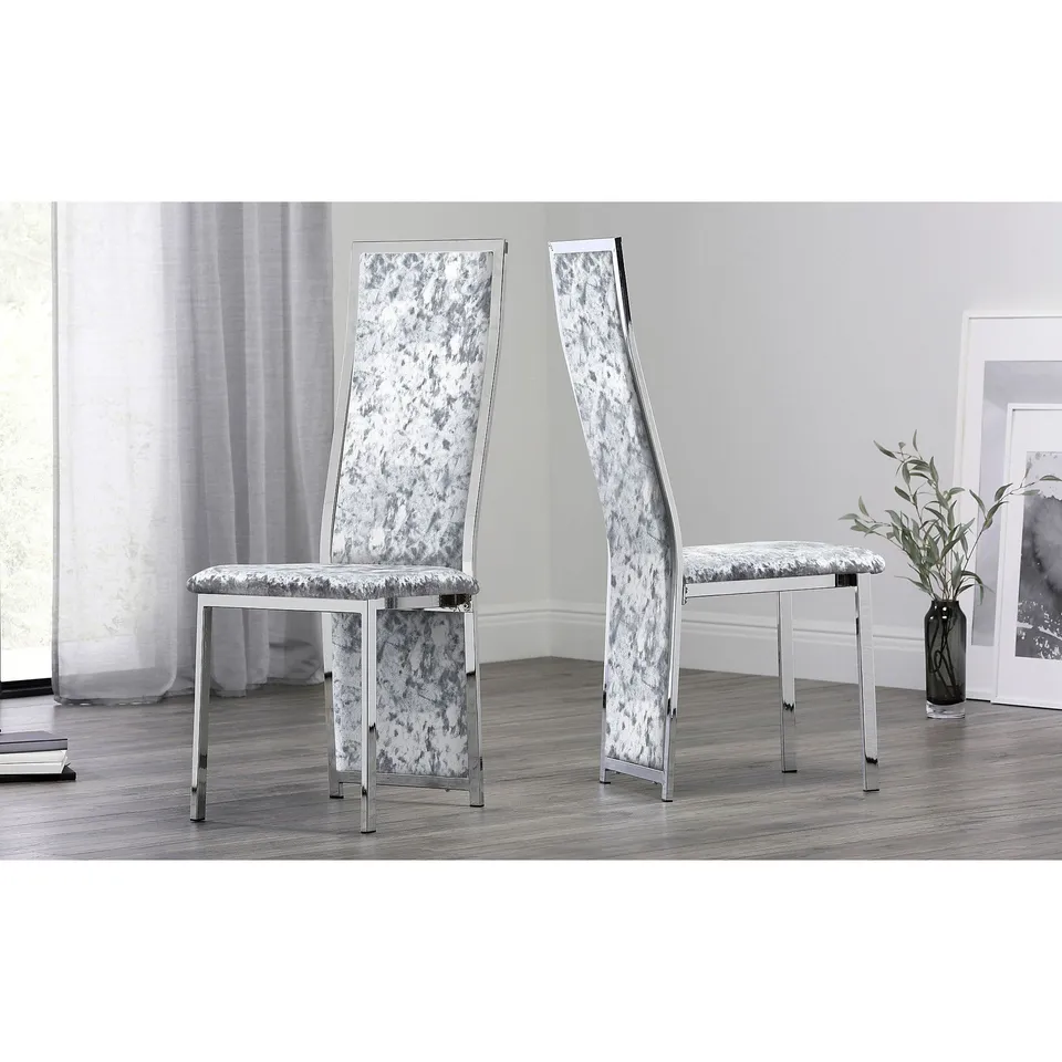 BOXED CELESTE DINING CHAIR, SILVER CRUSHED VELVET & CHROME (1 BOX)