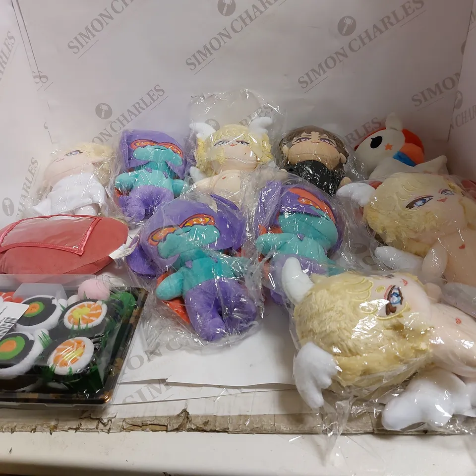 LOT OF MANY PLUSH TOYS TO INCLUDE SUSHI SET, UNICORN, AND CUPID ETC. 