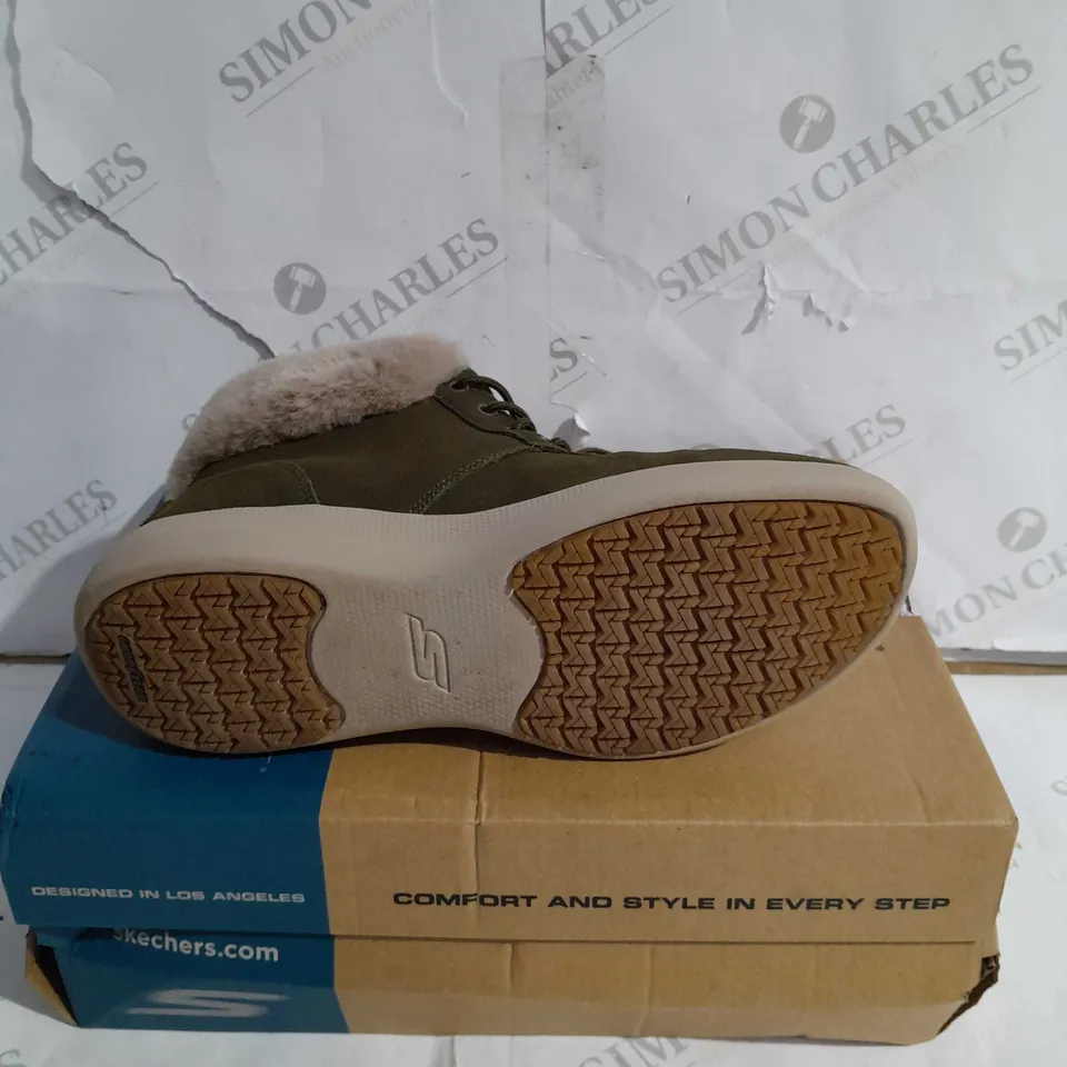BOXED SKECHERS GO WALK STABILITY SUEDE BOOTS, OLIVE - SIZE 5 1/2