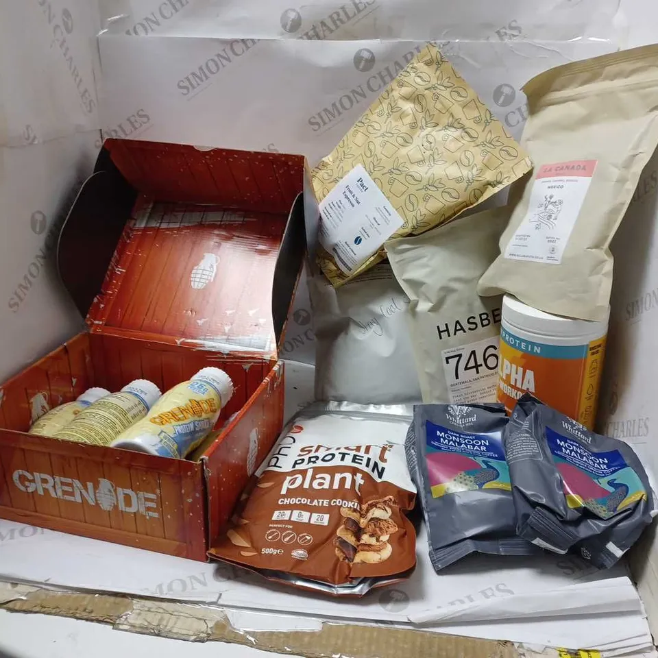 LOT OF APPROXIMATELY 13 ITEMS TO INCLUDE 5 GRENADE WHITE CHOCOLATE PROTEIN SHAKES, MY PROTEIN ALPHA PRE-WORKOUT MANGO & ORANGE (600g), WHITTARD MONSOON MALABAR DARK ROAST COFFEE, ETC