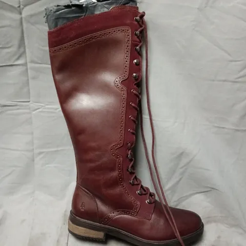 HUSH PUPPIES BURGUNDY LEATHER KNEE-HIGH BOOTS - LACE-UP WITH SIDE ZIP (WOMEN'S) PAIR - UK 6