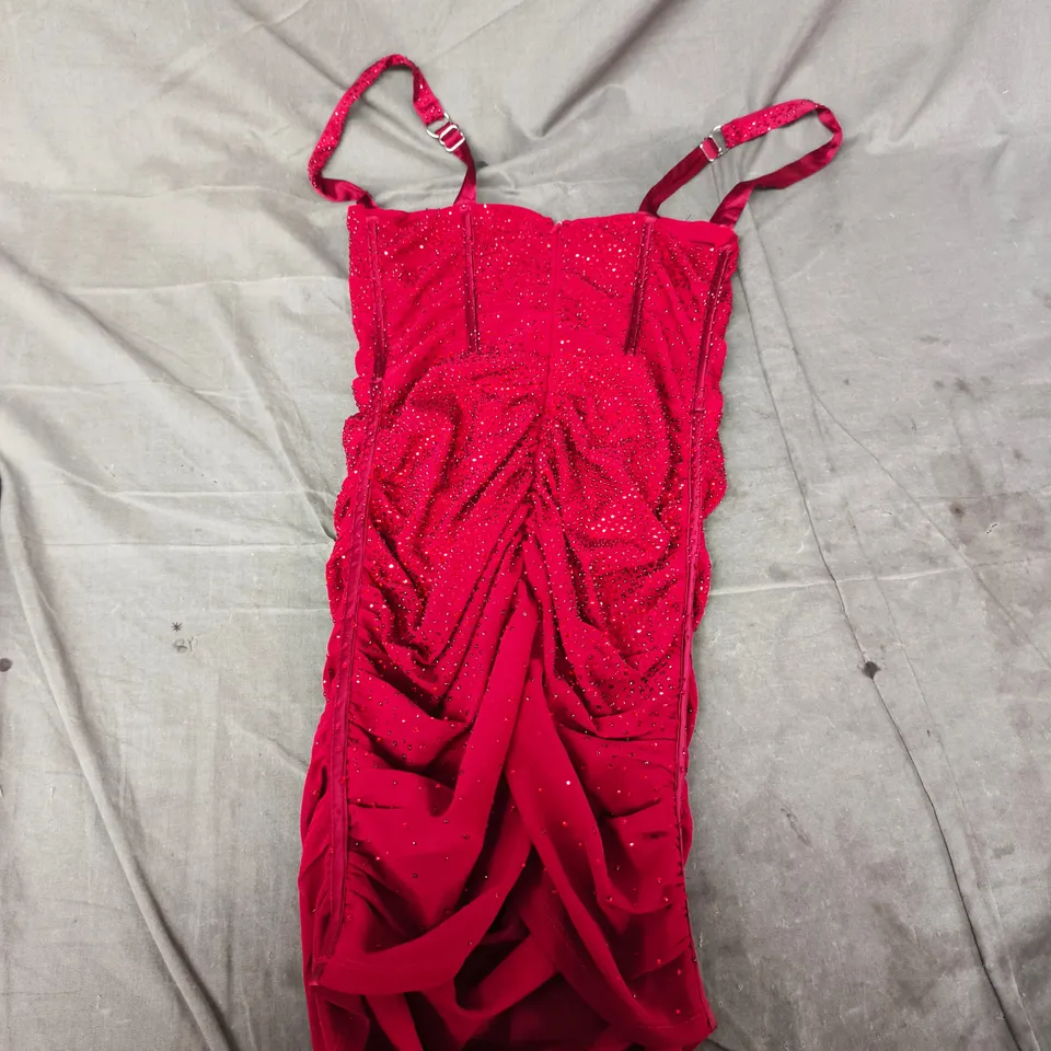 OH POLLY - RED SEQUIN EVENING DRESS WITH RUCHED BODICE AND SPAGHETTI STRAPS - UK 8