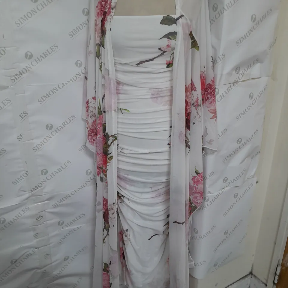 SHEIN 2-PIECE RUCHED BODYCON SPAGHETTI STRAP DRESS AND MESH LONG SHAWL IN WHITE FLORAL SIZE S
