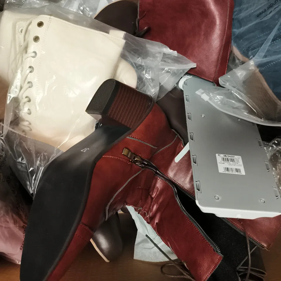 BOX OF APPROXIMATELY 15 ASSORTED PAIRS OF SHOES AND FOOTWEAR ITEMS IN VARIOUS COLOURS, STYLES, AND SIZES - COLLECTION ONLY