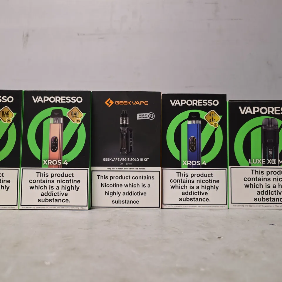 BOX OF APPROXIMATELY 18 ASSORTED E-CIGARETTES PRODUCTS TO INCLUDE -GEEK VAPE , VAPORESSO