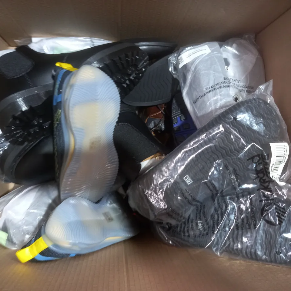 BOX OF APPROXIMATELY 10 ASSORTED PAIRS OF SHOES AND FOOTWEAR ITEMS IN VARIOUS STYLES AND SIZES TO INCLUDE DR MARTENS, M&S, ETC