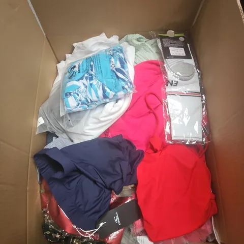 BOX OF APPROXIMATELY 25 ASSORTED CLOTHING ITEMS IN VARIOUS STYLES , COLOURS AND SIZES 