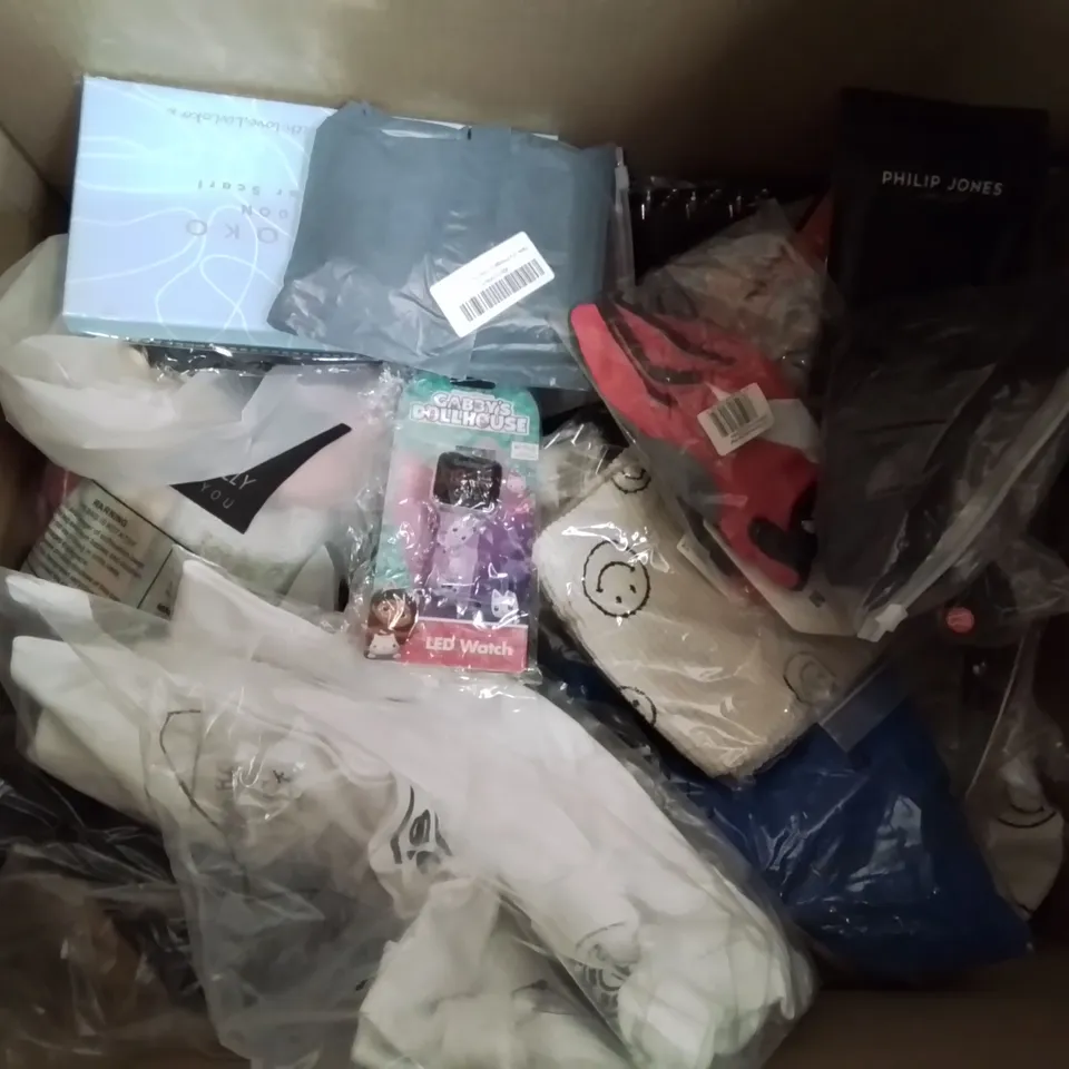 BOX CONTAINING LARGE AMOUNT OF MIXED FASHION ITEMS, SILVER PLATE AND COSTUME JEWELLERY, CLOTHING ITEMS ETC.