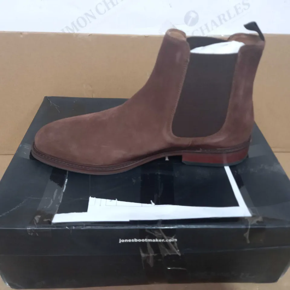 BOXED PAIR OF JONES FAUX SUEDE BOOTS IN BROWN UK SIZE 9